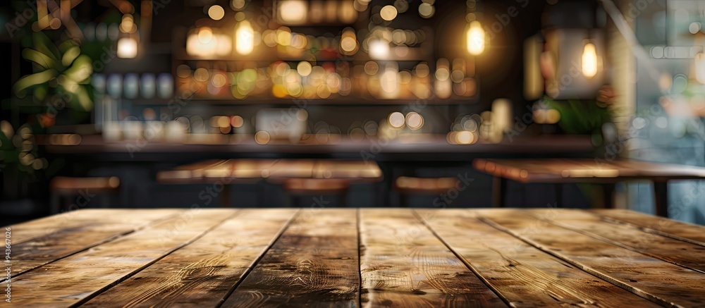 Poster selected focus on an empty brown wooden table with a blurred background of a coffee shop or restaura