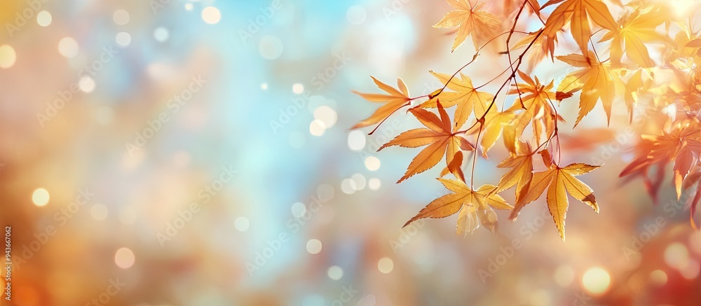 Leinwandbilder autumn yellow japanese maple leaves against a blurred sky creating a nature background with bokeh. w