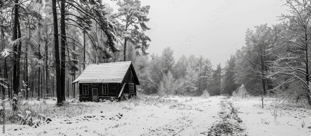 Leinwandbilder black and white winter scenery featuring trees and a forest a barren tree without leaves a house and