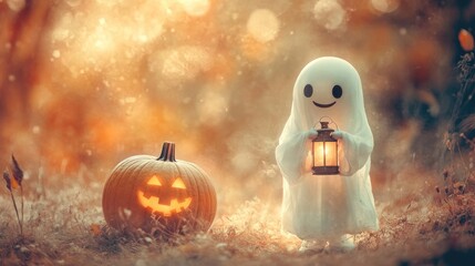 Cheerful ghost holding vintage lantern on faded background, holding a Halloween pumpkin, soft colors