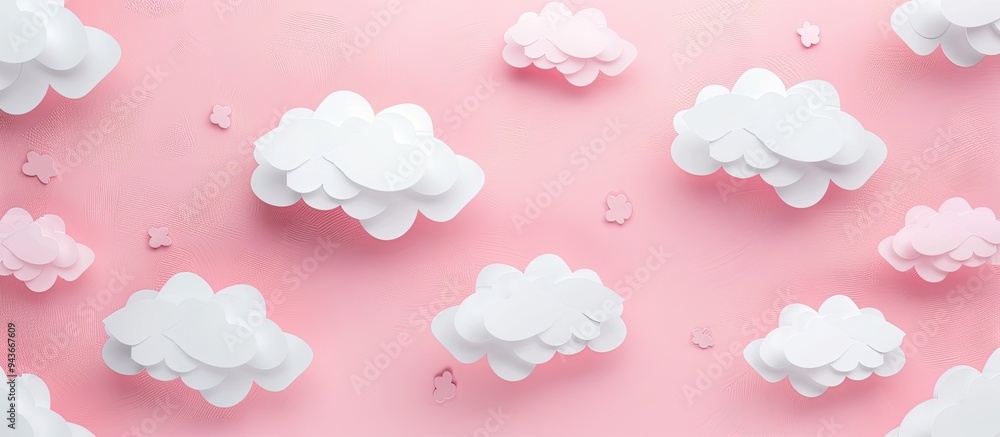 Poster white paper cut out clouds set against a pink background flat lay mock up copyspace