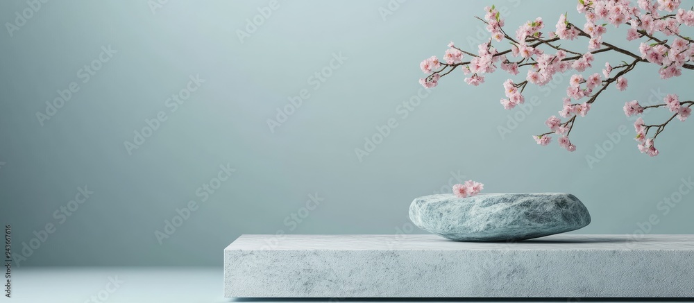 Leinwandbilder Wide banner featuring a stone display for presentation Minimalist branding setting with vibrant cherry blossoms and pastel colors. with copy space image. Place for adding text or design