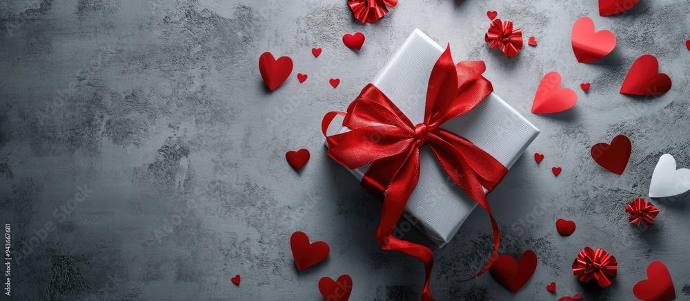 Poster The gift box is tied with a red ribbon and surrounded by paper hearts and flowers set against a gray background. with copy space image. Place for adding text or design