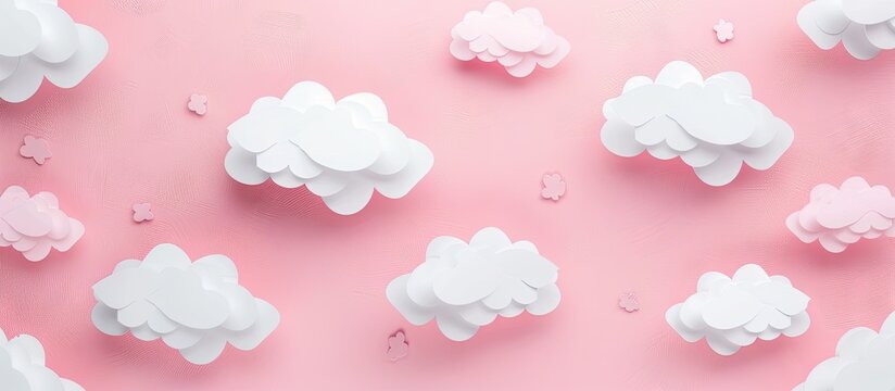 White paper cut out clouds set against a pink background Flat lay mock up copyspace