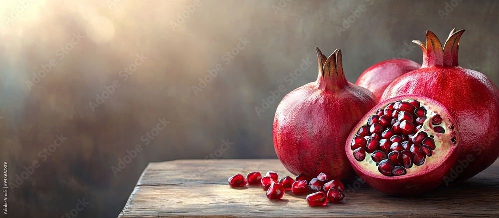 Fototapete A collection of fresh ripe pomegranates on a rustic wooden table with one pomegranate split open to reveal its seeds. with copy space image. Place for adding text or design