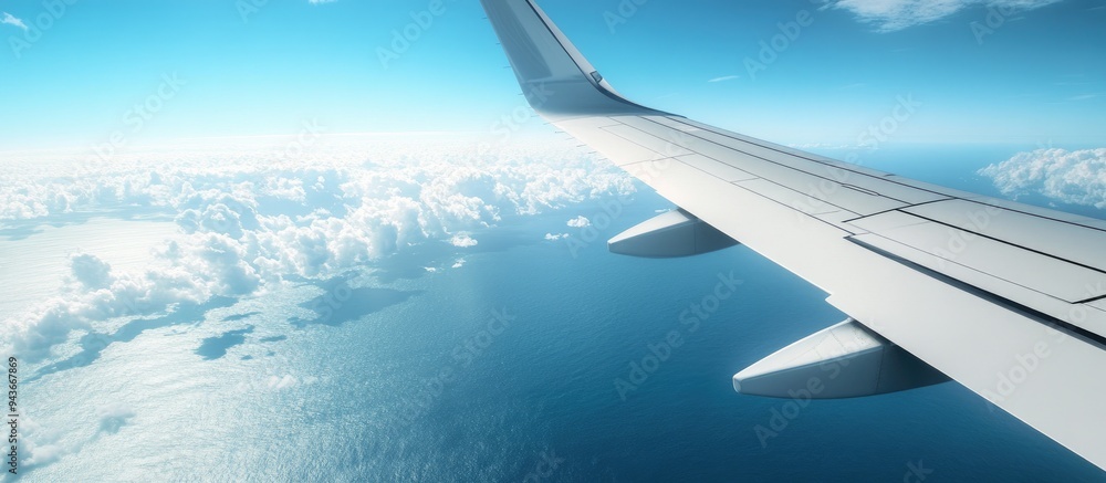 Poster Wing of an airplane above the ocean with a blue sky and clouds. with copy space image. Place for adding text or design