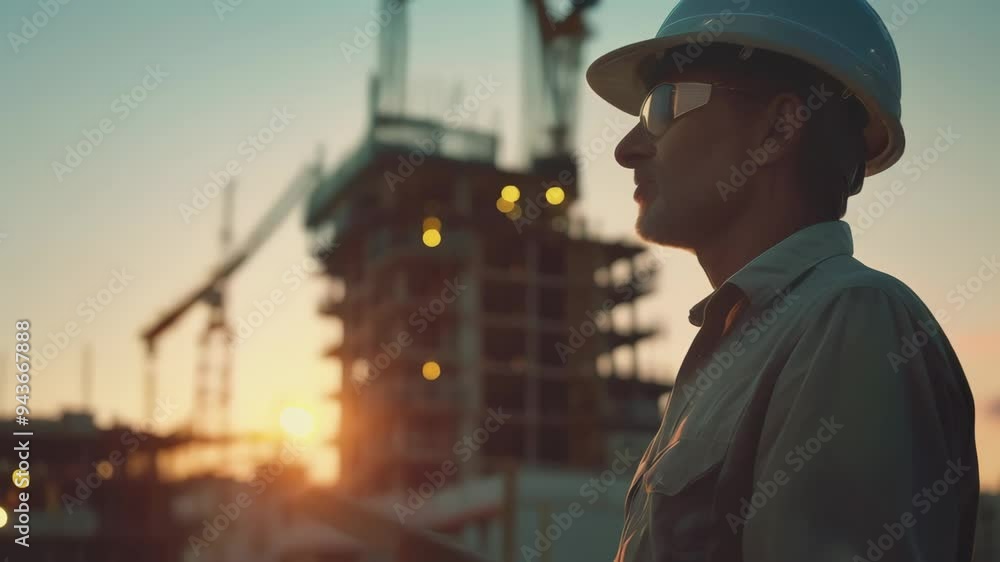 Aufkleber engineer in a hard hat and safety glasses using a tablet at a construction site during sunset. conce