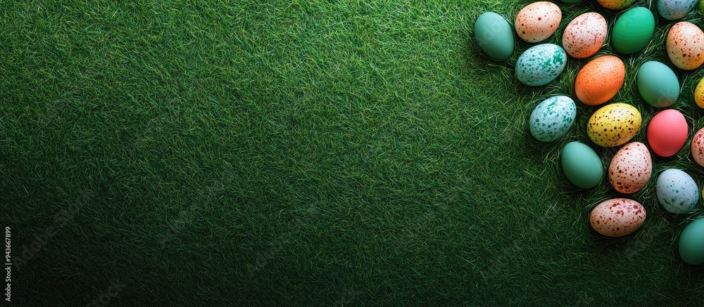 Aufkleber Top view of Easter decorations featuring eggs on grass with a green background. with copy space image. Place for adding text or design