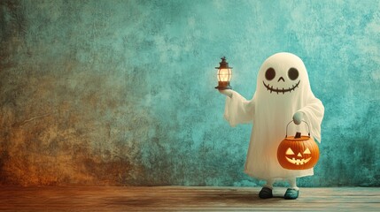 Naklejka premium Cheerful ghost holding vintage lantern on faded background, holding a Halloween pumpkin, soft colors
