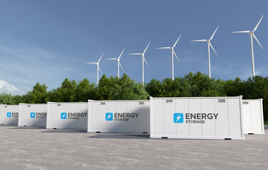 Energy storage systems with wind turbines, Green alternative energy concept. 3D illustration
