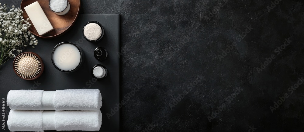 Poster Toiletries Spa Set against a dark background Top View. with copy space image. Place for adding text or design
