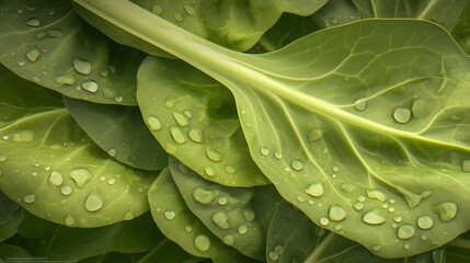 Obraz premium Close-up of fresh green leafy vegetables with dew drops.