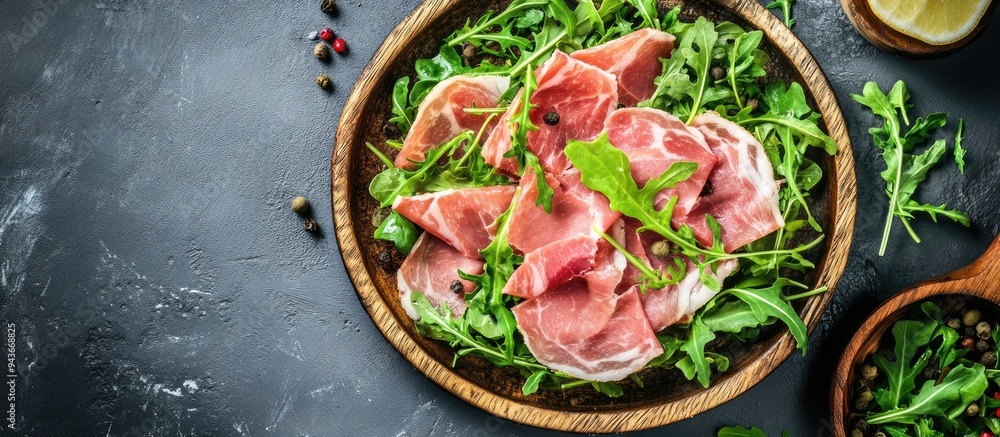 Poster fresh pork ham slices on a wooden plate accompanied by arugula salad gray background top view copy s