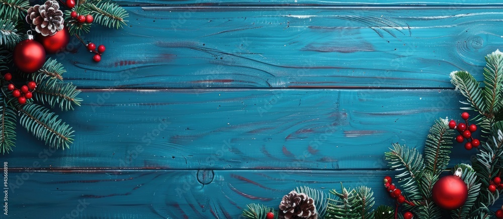 Poster snowflakes alongside a card invitation and envelope on a blue background christmas and new year tree