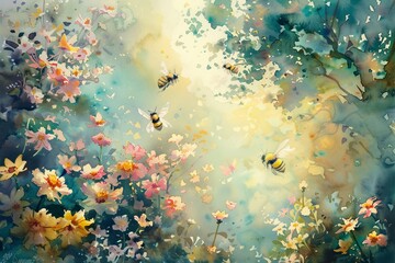 A vibrant watercolor scene featuring bees buzzing among colorful flowers, creating a serene and enchanting atmosphere.