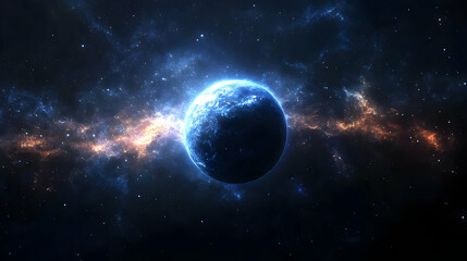 A glowing blue planet in a starry nebula.