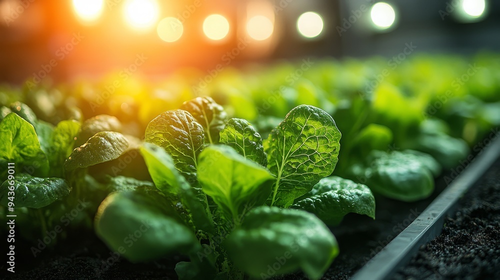 Poster robots are tending to rows of lush lettuce in a high-tech agricultural setting during a vibrant suns