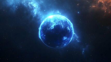 A glowing blue planet in a vast starry sky, with a nebula in the background.