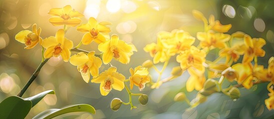 Obraz premium Dendrobium densiflorum Lindl Orchidaceae yellow orchid in the garden illuminated by morning light. with copy space image. Place for adding text or design