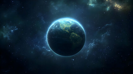 A glowing blue planet surrounded by a dark starry night sky with clouds of gas.