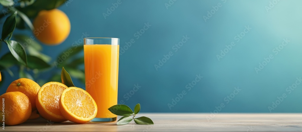 Aufkleber Arrangement featuring orange juice and fresh fruit on a table with space for text. with copy space image. Place for adding text or design