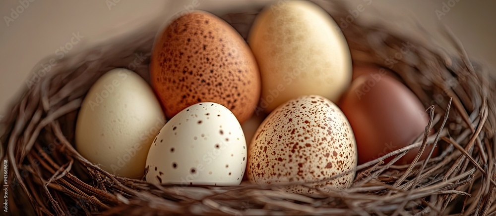 Aufkleber Chicken eggs combined with chocolate eggs in a nest viewed up close. with copy space image. Place for adding text or design
