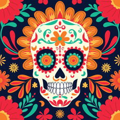 Sugar Skulls, skull pattern for day of the dead on dark background with bright colors