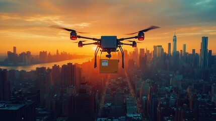 Drone Flying Over City with Sunset Background. Delivery drone is captured flying over a city with a sunset backdrop, representing the rise of drone delivery in urban areas.