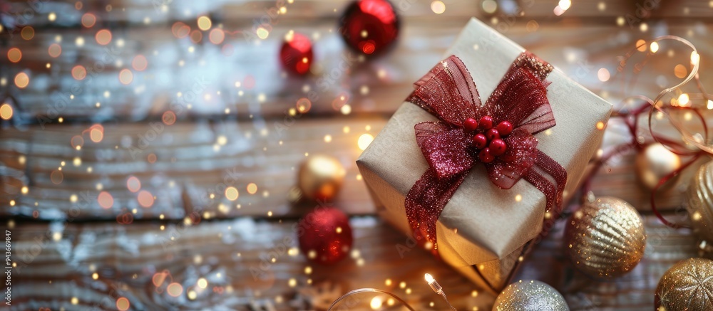 Poster christmas gift box and vibrant baubles arranged on a wooden table set against a white background. wi