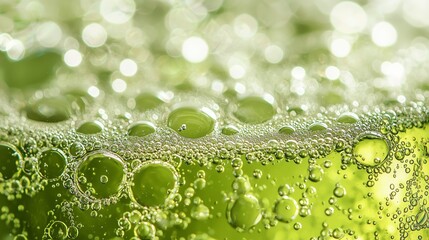 A close-up view of green soda with bubbles, emphasizing its fizzy and refreshing appeal