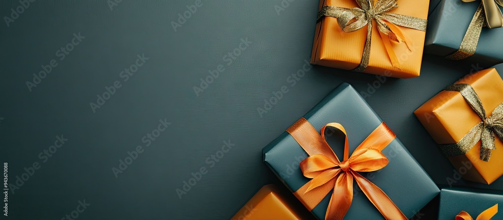 Poster flat lay of gifts for special occasions with copyspace on a gray background