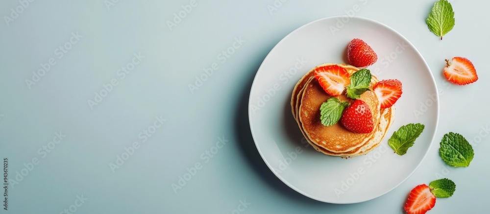 Aufkleber small grain pancakes with strawberries quick healthy breakfast pancake porridge set against a gray b