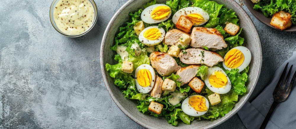 Poster fresh caesar salad featuring lettuce chicken breast boiled eggs and croutons in a ceramic bowl with 