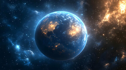 A glowing Earth in the cosmos with a starry background.