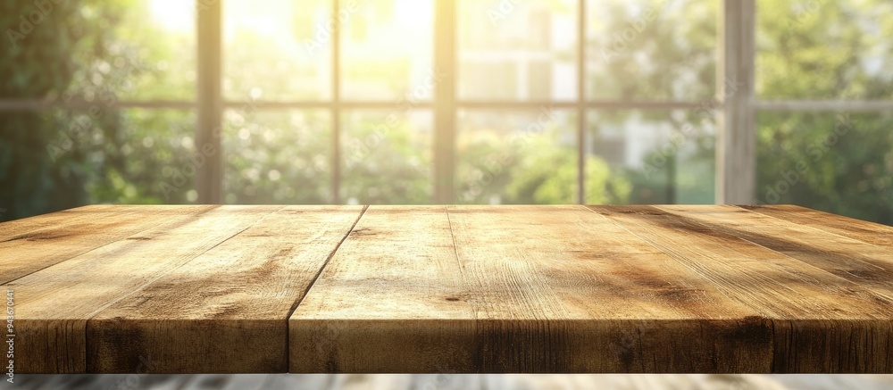 Poster wooden board empty table with a blurred window background can serve for displaying or presenting you