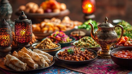 Fototapeta premium A festive table filled with Middle Eastern cuisine and decorative lanterns, creating a warm and inviting atmosphere for celebration.