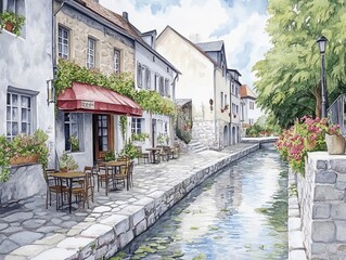 Watercolor painting of a picturesque European town with a canal, cafe tables, and lush greenery.