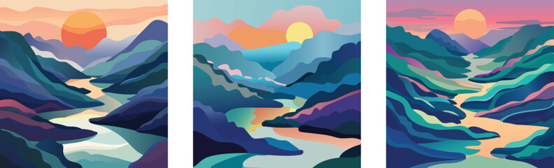 Set of abstract modern aesthetic landscapes set with sunrise, sunset, night. Flat design.