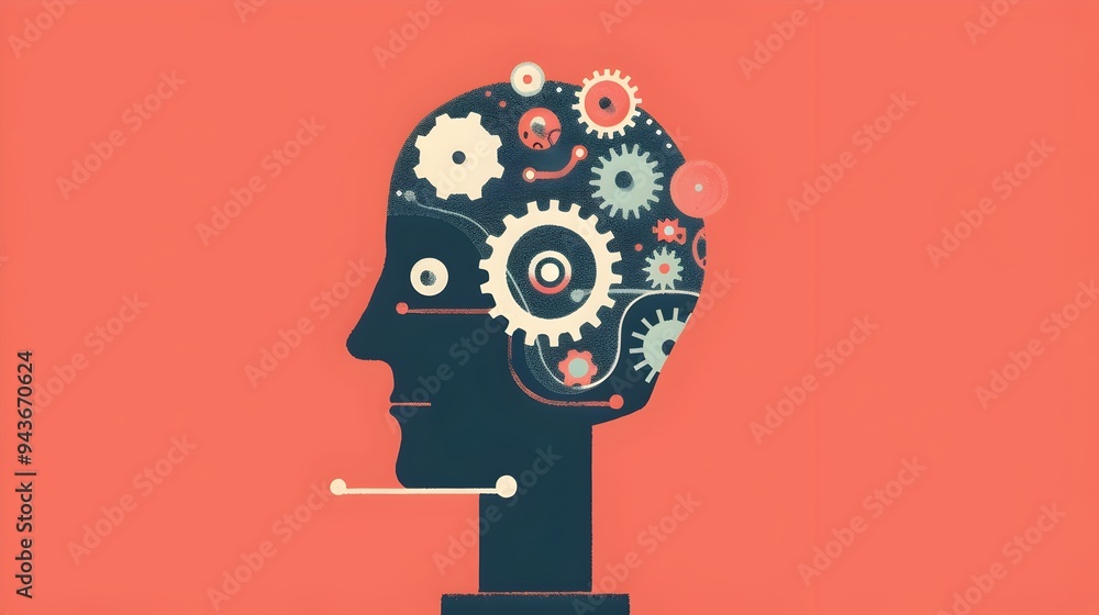 Poster creative gears and cogs in the form of human head symbolizing innovative thinking process