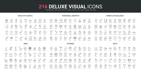 Healthy habit and food, work life balance of person, golf equipment line icon set. Yoga and meditation for mindset wellbeing, sport in gym, development thin black outline symbols vector illustration