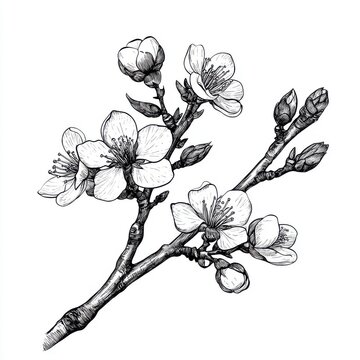 recommend clip art: Black and white Vintage engraved art of an almond tree branch, isolated on white background, ink sketch illustration, simple vector art design, highly detailed line art, high contrasty 