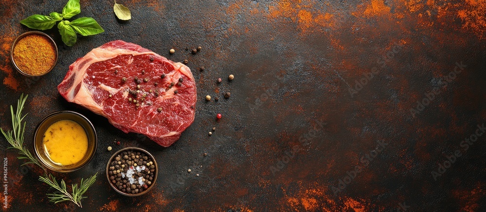 Poster raw rib eye beef steak with spices and cooking ingredients on a dark rusty background with copy spac
