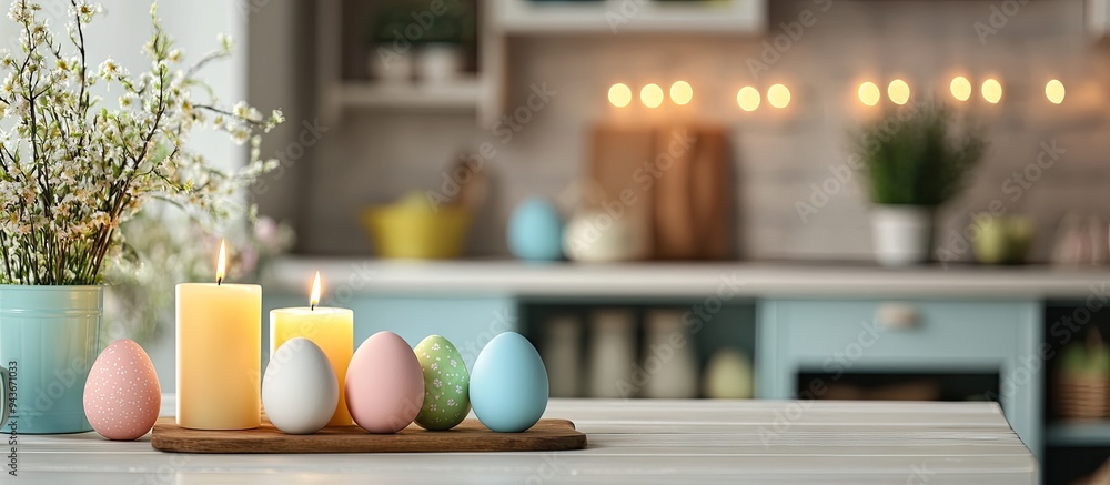 Aufkleber Easter decor featuring candles and vibrant eggs in the kitchen setting Easter backdrop. with copy space image. Place for adding text or design
