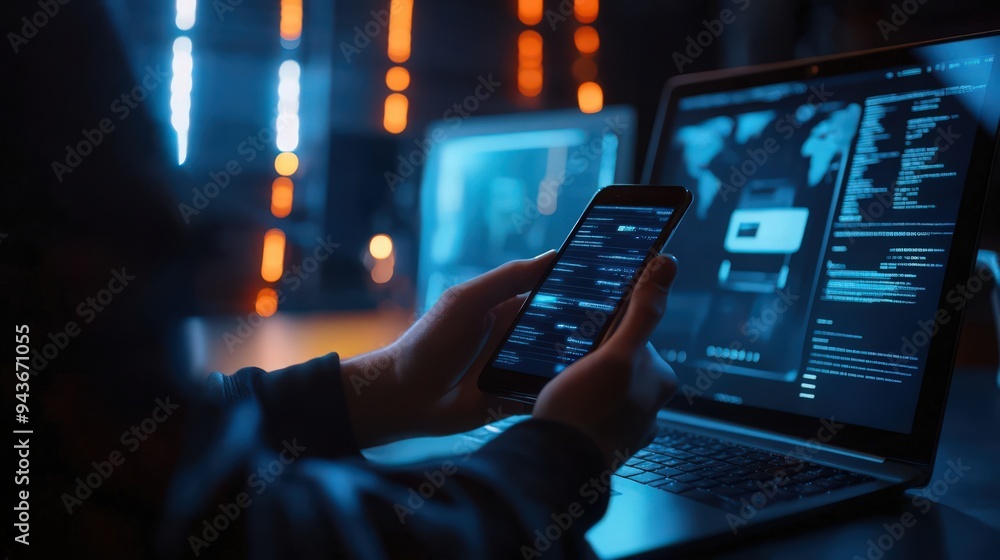 Poster protecting against cyber threats, a user uses a mobile phone and laptop with advanced privacy and da