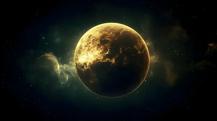 Naklejka premium A glowing golden planet in a dark space with stars and nebulae.
