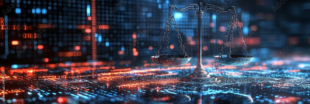 Poster the digital scales of justice against the backdrop of data and code symbolize the rule of law in the