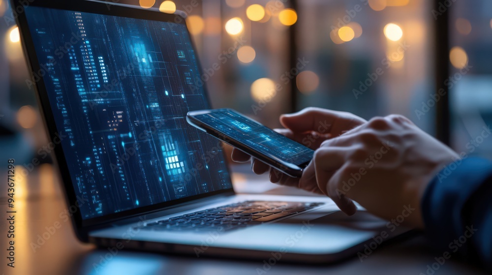 Poster protecting against cyber threats, a user uses a mobile phone and laptop with advanced privacy and da
