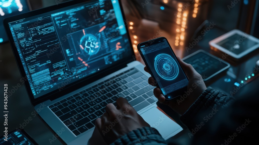 Poster protecting against cyber threats, a user utilizes a mobile phone and laptop with advanced privacy an