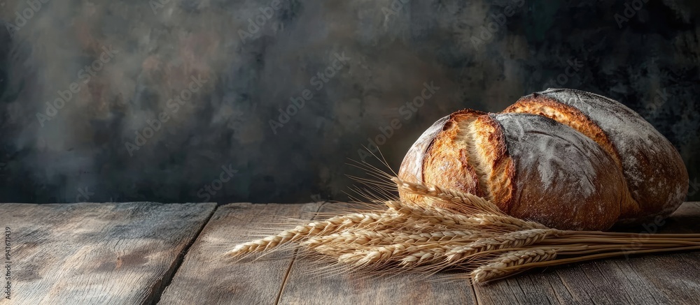 Poster rustic bread and wheat on an aged vintage wooden table dark moody backdrop with available text space