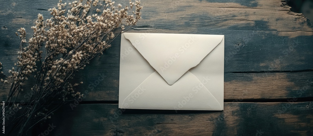 Fototapete empty paper next to an envelope and a dried flower on a wooden board. with copy space image. place f